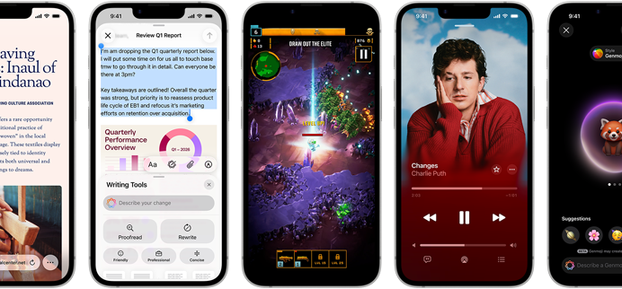 Side-by-side iPhone 17e devices showing different screens: a game being played, Writing Tools, Apple TV app, a calendar event being created, a Genmoji being created