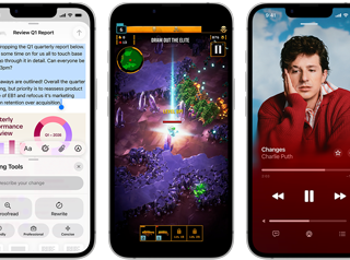 Side-by-side iPhone 17e devices showing different screens: a game being played, Writing Tools, Apple TV app, a calendar event being created, a Genmoji being created