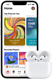 iPhone 17e, front exterior, Apple Music app with Home Screen open, next to AirPods Pro 3 in open MagSafe Charging case