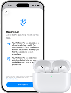 AirPods Pro 3 in MagSafe Charging Case, iPhone 17 Pro, text on screen: Hearing Aid