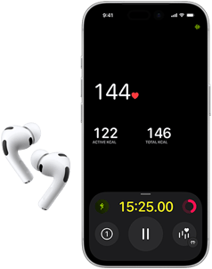 AirPods Pro 3, lower half of iPhone 17 Pro screen, Fitness app displaying heart rate