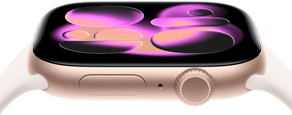 Apple Watch Series 11, aluminum rose gold case, Responsive Art watch face, right side exterior: Digital Crown, microphone, side button, light blush Sport Band