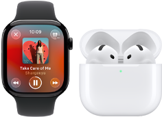 Apple Watch Series 11, titanium slate case, band: black sport band, Apple Music app, "now playing" screen, paired with AirPods