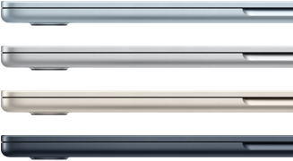 Side exteriors of four MacBook Air laptops, showcasing four different finishes
