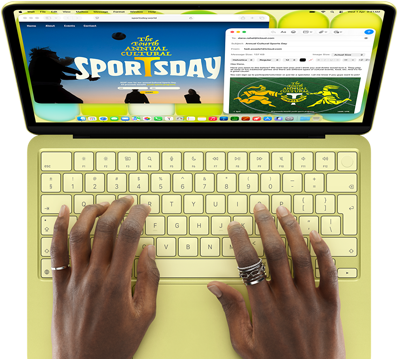 MacBook Neo, citrus color, hands on keyboard, user is composing an email invitation to the opening of an art exhibit, website for the event open alongside