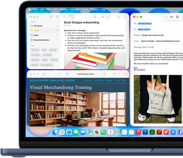 MacBook Neo, indigo color, screen shows composing a welcome email to new employee of bookstore, other tiled windows contain Notes doc about onboarding and bookstore's employee portal website in Safari