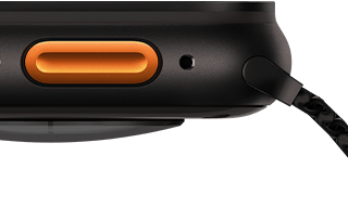 Apple Watch Ultra 3, black color, titanium case, convex sensor on back, left side exterior, Action button, siren