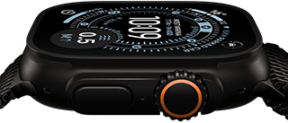 Apple Watch Ultra 3, side exterior, black titanium case, compass on Orienteering watch face, side button and digital crown