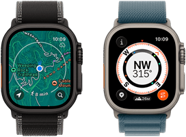 Two Apple Watch Ultra 3 devices, one showing maps and the other showing Backtrack features including compass, elevation, and marked waypoints