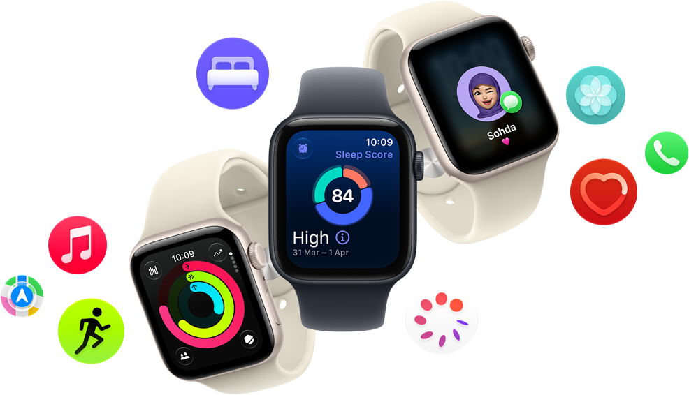 Three Apple Watch SE 3 devices floating next to each other: one with Activity rings, one with sleep score, and one showing an incoming text message