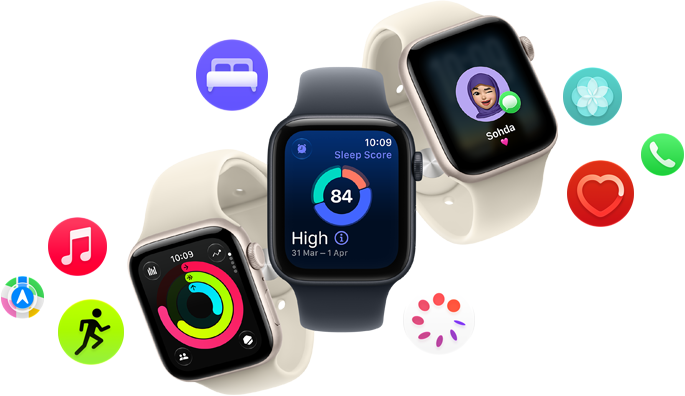 Three Apple Watch SE 3 devices floating next to each other: one with Activity rings, one with sleep score, and one showing an incoming text message