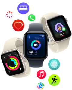 Three Apple Watch SE 3 devices floating next to each other: one with Activity rings, one with sleep score, and one showing an incoming text message