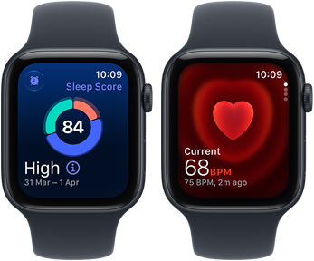 Two Apple Watch SE 3 devices, both with aluminum case, midnight color with navy blue Sport Band, one showing sleep score, one showing Heart rate app, right side exterior, Digital Crown