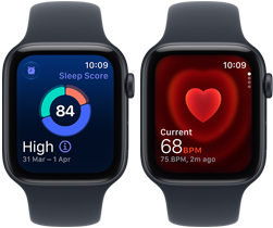 Two Apple Watch SE 3 devices, both with aluminum case, midnight color with navy blue Sport Band, one showing sleep score, one showing Heart rate app, right side exterior, Digital Crown