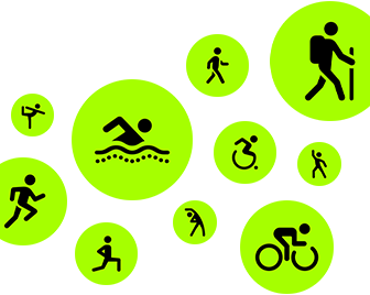 Workout icons, stick people running, walking, swimming, using wheelchair, hiking, cycling, lunging, dancing, stretching, and doing yoga