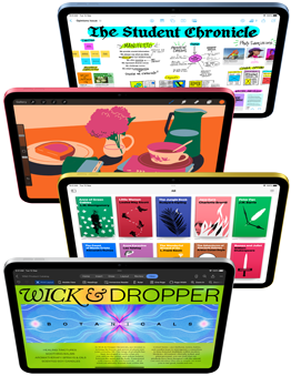 Front facing iPad screens show a variety of Apple apps and App Store apps.