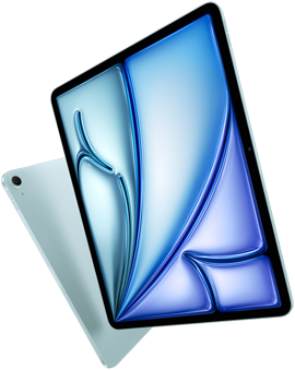 Front angle of 13-inch iPad Air, colorful display on screen, 11-inch iPad Air with back exterior and 12MP Wide back camera