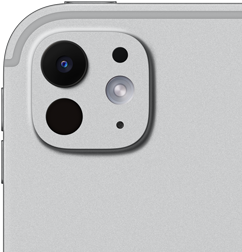 iPad Pro, back exterior, silver color, pro camera system with five-element lens and adaptive true tone flash