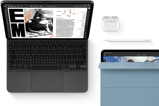 iPad Pro attached to Magic Keyboard, front exterior, space black color, rounded corners, black display bezel, open, display showing article editing app with text and photograph of a woman playing music, Airpods 4 in open case, blue Smart Folio cover on iPad Pro with Apple Pencil Pro resting atop device, cover slightly open revealing display