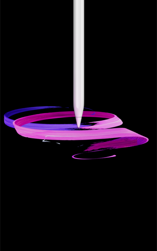Apple Pencil Pro, front exterior, portrait orientation, side profile, white color, drawing abstract purple and pink ribbons design