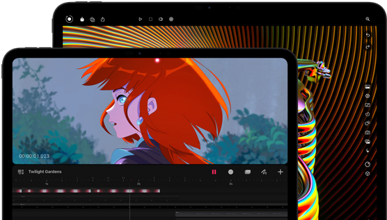 13-inch iPad Pro and 11-inch iPad Pro, front exterior, landscape orientation, space black color, rounded corners, black display bezel, 11-inch display showing a vibrant image of a character with red hair, 13-inch display showing colorful photo editing interface elements