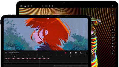 13-inch iPad Pro and 11-inch iPad Pro, front exterior, landscape orientation, space black color, rounded corners, black display bezel, 11-inch display showing a vibrant image of a character with red hair, 13-inch display showing colorful photo editing interface elements