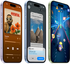 iPhone 17 devices, exterior front, exterior side, demonstrating Apple Music, Visual intelligence, gaming, buttons: Action button, volume