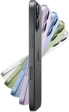 iPhone 17, exterior side, five colors: Black, Lavender, Mist Blue, Sage, and White