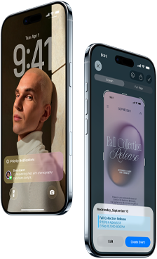 Two iPhone Air devices, front exterior, side exterior, thin profile, Lock Screen, visual intelligence feature in use