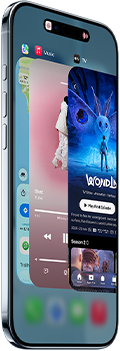iPhone Air, front exterior, side exterior, thin profile, Dynamic Island centered near top, App Switcher feature in use, buttons: Action, volume